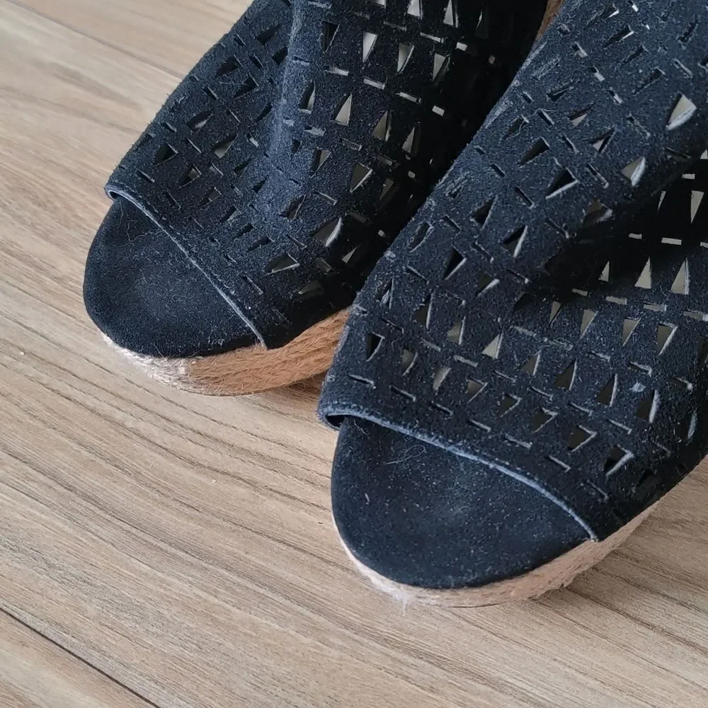 Marc Fisher Helina Platform Laser Cutout Suede Peep Toe Espadrille Wedge Black
